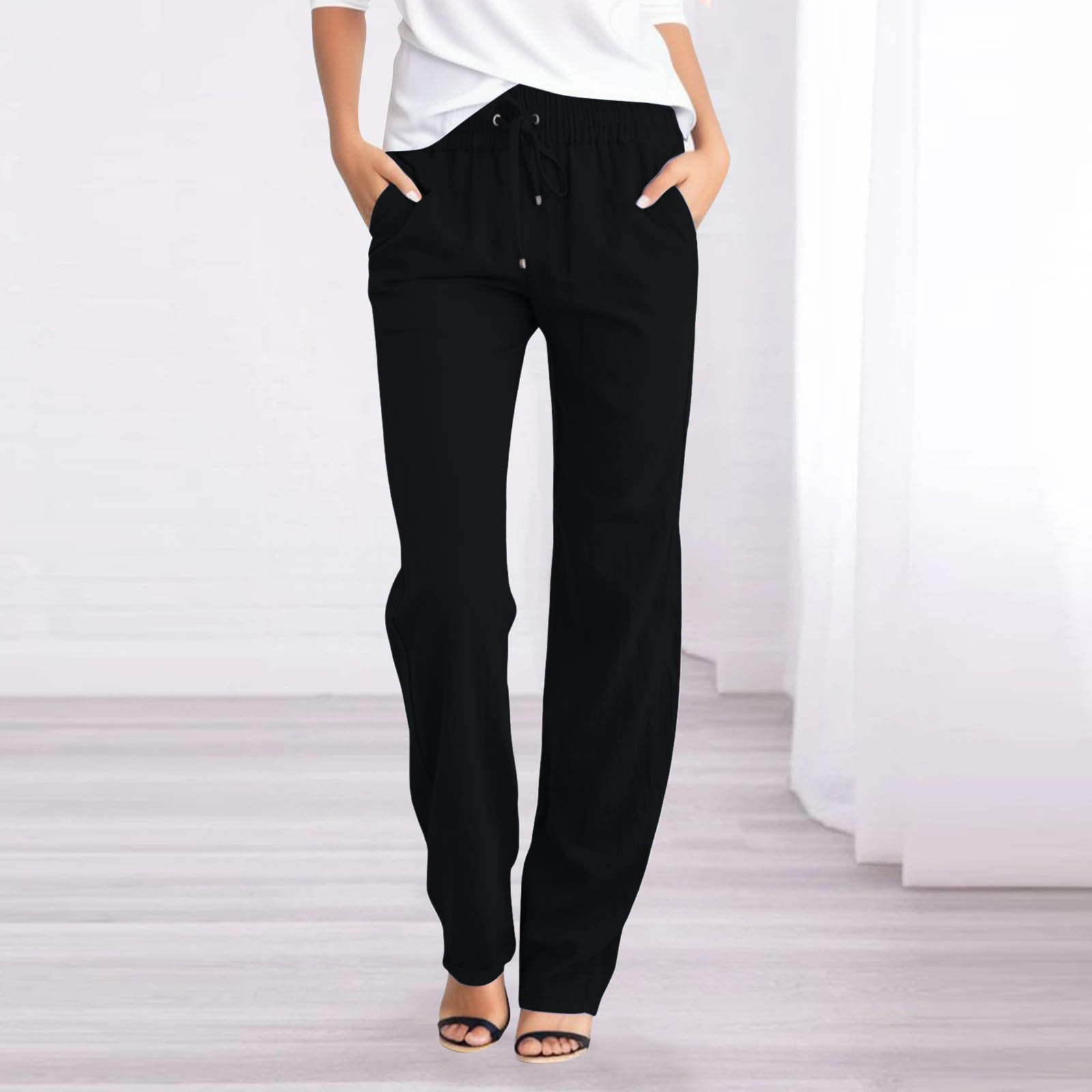 thumbnail image 2 of Pantalones rectos lisos de cintura alta para mujer - Pantalones casuales con cordón elástico - Pantalones largos con bolsillos, 2 of 5